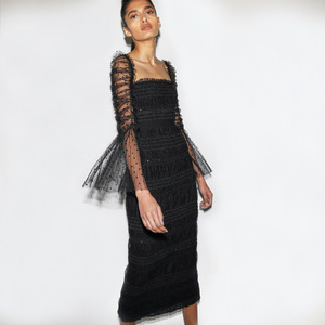 Vestido largo informal de gasa con <span class=keywords><strong>lentejuelas</strong></span> para <span class=keywords><strong>mujer</strong></span>, falda larga de gasa con cuello cuadrado y manga larga en color negro, estilo europeo y americano, 2022 - Product Image 2