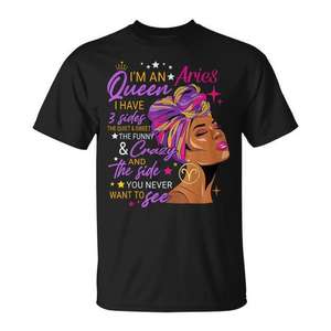 T-Shirt Aries Queen à manches courtes et col rond, impression numérique pour femmes, signe du zodiaque, cadeau d'anniversaire - Product Image 1
