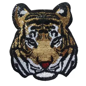 Hot Selling Small MOQ Sequined Embroidered Patch Iron On Gold Black Tiger Embroidery Sequin Patch For T-shirts