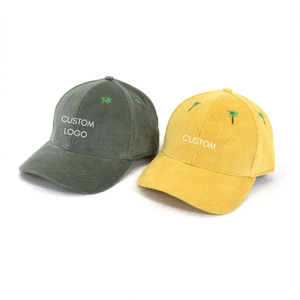 Custom Embroidery Corduroy Baseball <b>Cap</b> Unisex Adjustable 6-Panel Tropical Palm Tree Design Yellow Green Casual <b>Hat</b> - Product Image 2
