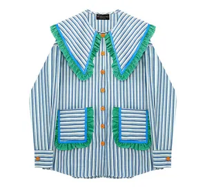 Custom Sailor Collar Ladies' Blouses Striped Shirts Patchwork Pockets Button Loose Women Tops