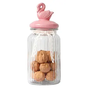 糖果香料蜂蜜玻璃曲奇罐容器，带陶瓷火烈鸟盖子