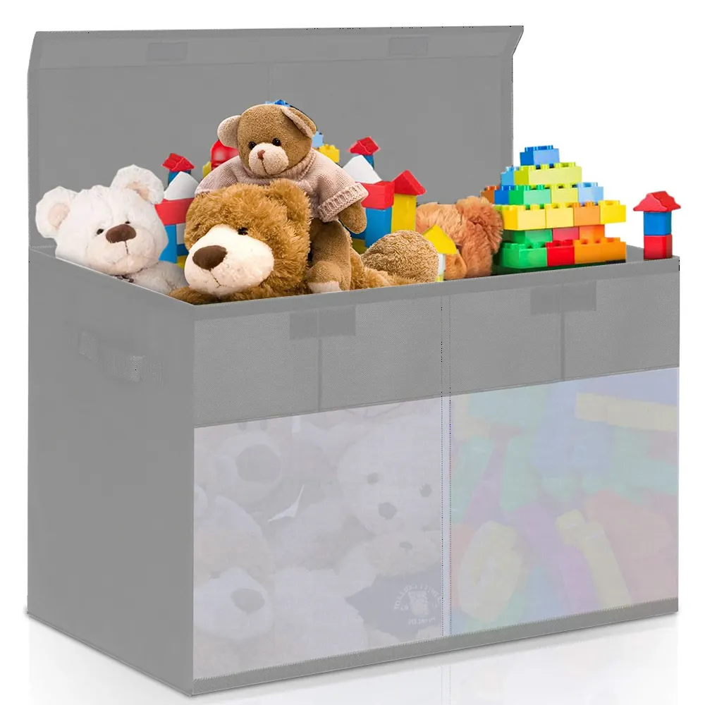 Large Kids Toy Bins Black Collapsible Toy Storage Trunk Chest with Clear Window with Flip-Top Lid for Boys Girls Storage