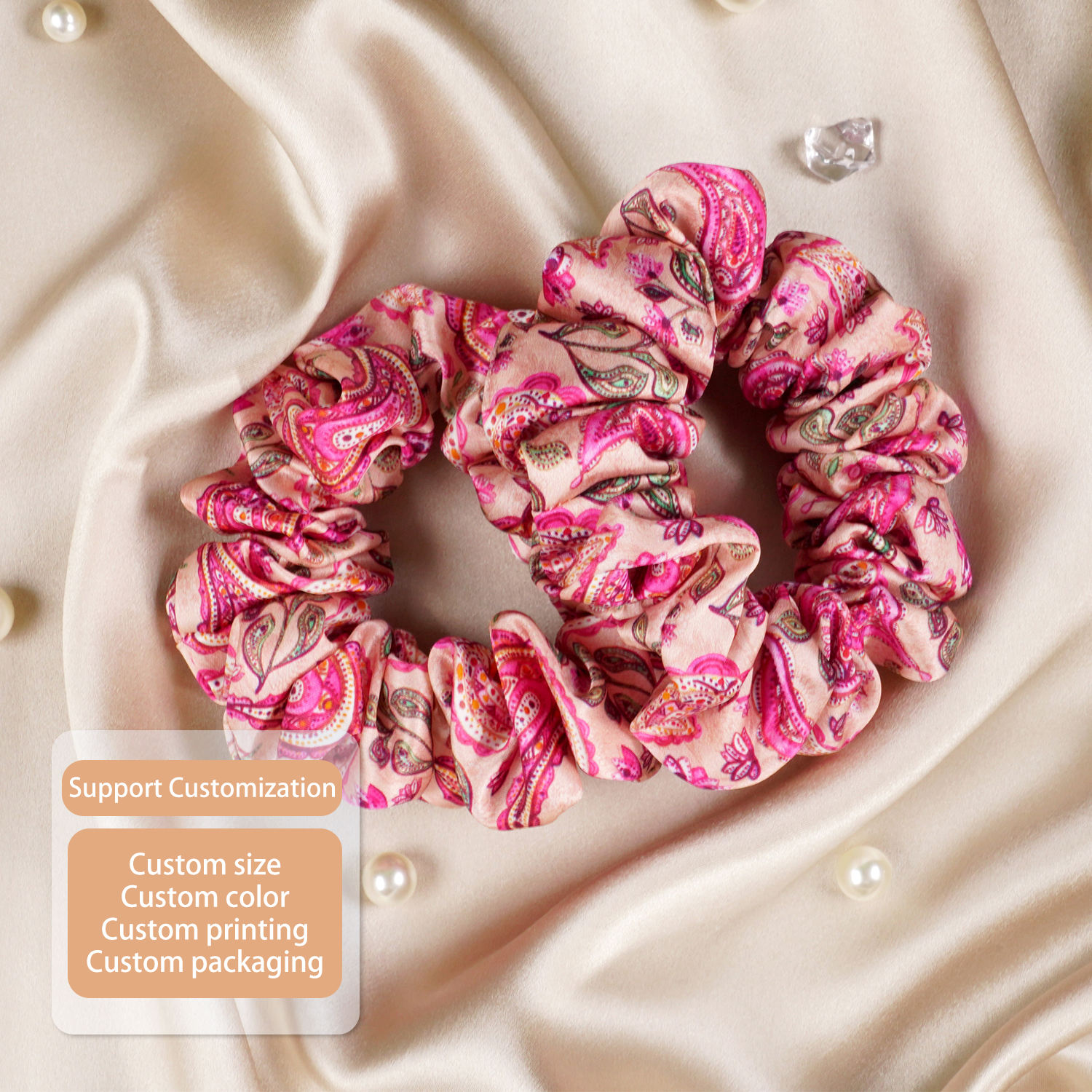 Custom Logo Printed 100% Mulberry Silk Scrunchies With Pattern Fabric for Women Girls Hair Accessories