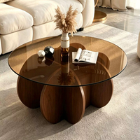 Table basse multifonctionnelle Wabi Sabi à base florale pour salon, plateau rond en verre trempé ambré résistant aux rayures, quatre pétales en MDF