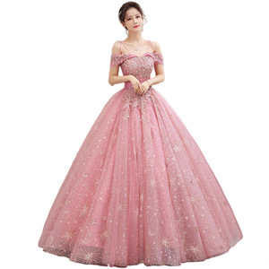 Women's Pink Off Shoulder Ball Gown With Star Embroidery Wedding Evening Dress Stage Performance Costume - Product Image 5