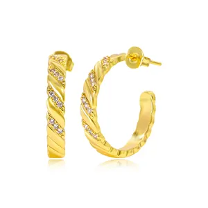 Fashion Jewelry 18k Gold Plated Women Zircon Haif Circle Cuff C Shape Hoop Earrings
