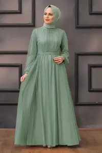 2023 Elegante Hoge Taille Parel Verfraaid Met Effen Pigment Mesh Maxi Islamic Kleding Moslim Jurk