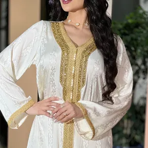 White Satin Striped Jacquard Maxi Dress Women Elegant V Neck Golden Tape Trim Dubai Arab Muslim Abaya Moroccan Kaftan Eid