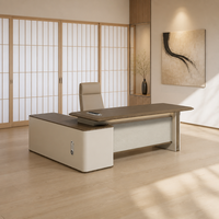 Ensemble de bureau de direction avec credenza en panneau de particules E1 thermoformé, finition grain foncé, bureau de direction avec boîte à câbles à serrure à code