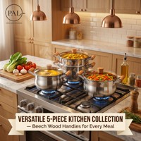Premium Buchenholz Kochgeschirr-Set 5-teilig Edelstahl Bernsteinfarbene Glasdeckel Marmor Antihaft-Bratpfanne Dampfgarer für Zuhause und Küche