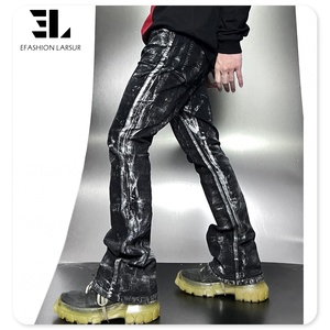 LARSUR Custom Denim Factory Black Metal Silver Foil Denim Jeans Hombres Skinny Flare Jeans Hombres Coated Wax Stacked Jeans Hombres - Product Image 2