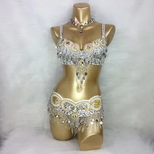 Conception chaude à la main perlée <span class=keywords><strong>Costume</strong></span> de danse du ventre porter soutien-gorge + ceinture 3 pièces/ensemble dames Costumes de danse du ventre femmes vêtements de danse - Product Image 1