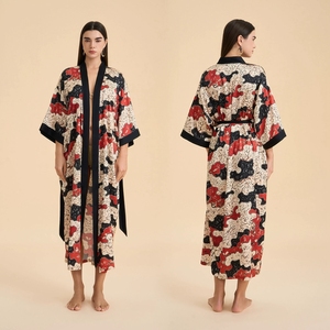 روب نوم نسائي بنمط أوروبي أمريكي مع طباعة زهور، روب استحمام من الساتان والشيفون، روب طويل مريح للارتداء في المنزل - Product Image 4