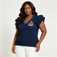 Gilet en tricot personnalisé pour femme grande taille, col en V, manches à volants, broderie perlée, patch, gilet pull en tricot pour femme