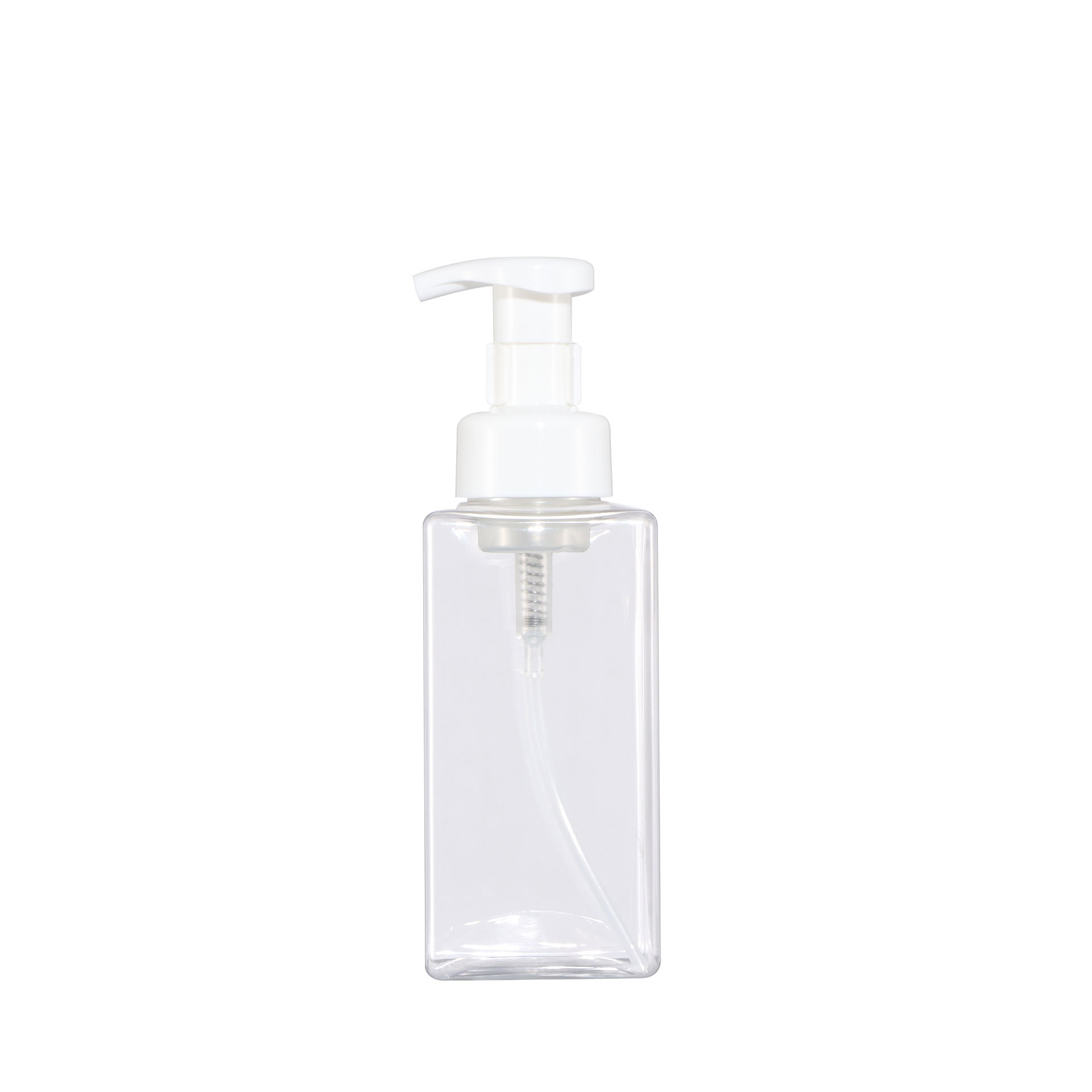 Flacon en mousse transparente, pompe blanche