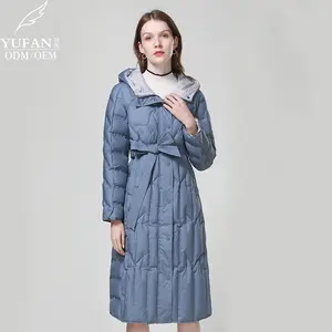 宇帆定制2023 OEM ODM时尚蓝色长羽绒服矩形绗缝羽绒服连帽女式羽绒服