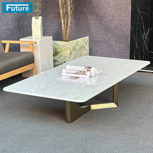 Table basse en marbre d'onyx blanc 100% naturel pour salon, mobilier de luxe avec socle bas en métal, plateau rectangulaire - Product Image 1