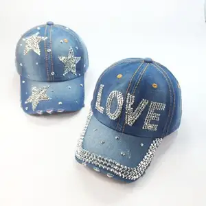 Topi bisbol Denim belel wanita, Jeans berlian imitasi mahkota Bejeweled berkilau