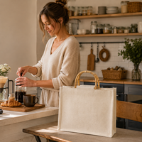 Sac de shopping en jute écologique imprimé avec logo personnalisé, poignée en bambou, laminé et réutilisable pour les boutiques de détail