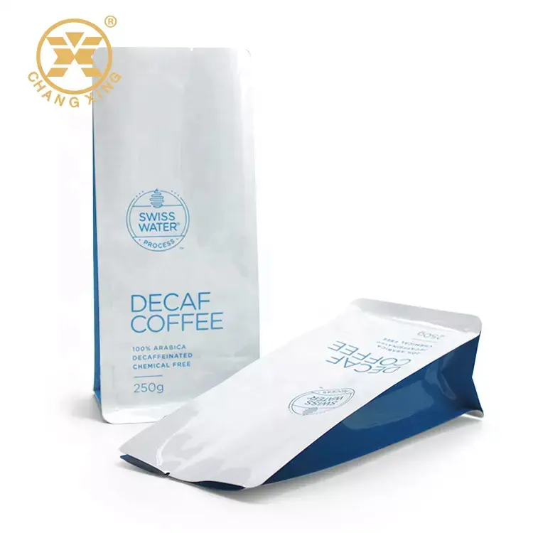China Factory Flat Bottom Coffee Bag Matte White Coffee Bag Coffee Beans Packaging Food Packaging Pouch Food Grade Plastic Bags