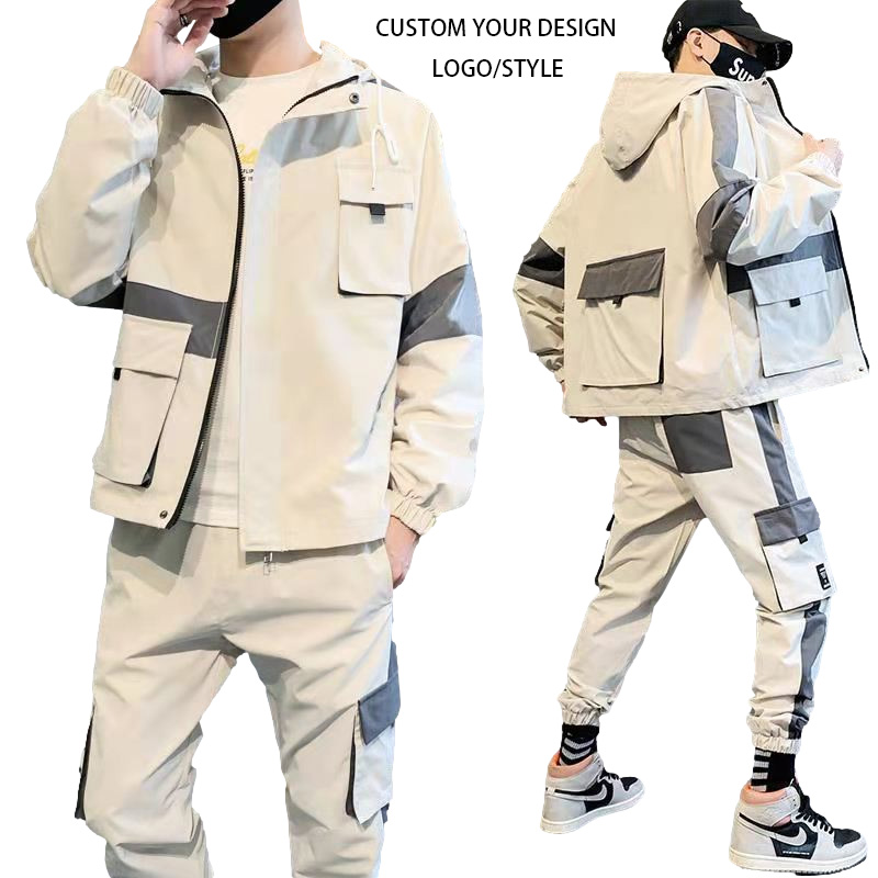 Костюм спортивный мужской повседневный на молнии, толстовка с капюшоном и штаны, джоггеры с индивидуальным логотипом, комплект спортивной одежды
