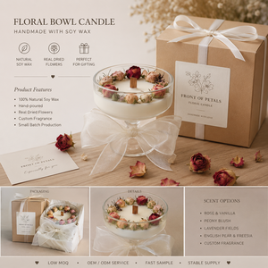 Ensemble cadeau de bougies en cire de soja dans un bol floral fait main, petit MOQ, avec boîte en kraft, étiquette <span class=keywords><strong>personnalisée</strong></span>, fournisseur d'usine - Product Image 1