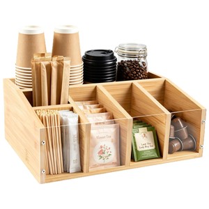Organisateur de café en bambou, rangement de bureau compartimenté pour sachets de sucre, tasses, cure-dents, accessoire de comptoir de cuisine écologique - Product Image 3