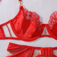 Ensemble de lingerie rouge Saint-Valentin en dentelle pour femme, soutien-gorge à armatures, porte-jarretelles, culotte et bas de cuisse à pois cœur, 4 pièces