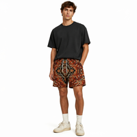Shorts en tissu tissé élastique taille mi-haute, anti-plis, brodés, style urbain, patchwork bleu-rouge chaud, en tissu peigné