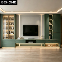 Meuble TV mural complet avec vitrine en verre, éclairage LED, tiroirs multi-rangements pour salon, villa, appartement, projets hôteliers