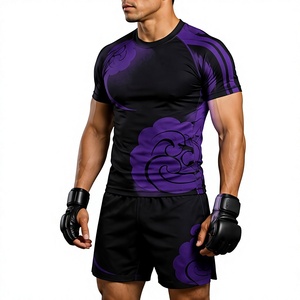 Black MMa Rash GUard set Sublimation Printed Yoga Set Crew Neck <b>Short</b> Sleeve <b>Shorts</b> Quick Dry 2 Piece <b>Compression</b> Wear - Product Image 2