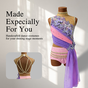 Costume de danse lyrique sur mesure, robe de danse jazz, justaucorps sans manches en maille orné de fleurs et de strass, violet rose, pour compétition lyrique - Product Image 1