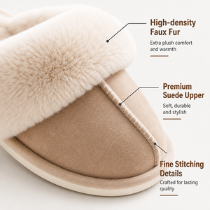 Pantoufles classiques en daim à surpiqûres pour femmes, avec col en fausse fourrure, pantoufles d'intérieur chaudes et douillettes pour l'hiver, OEM/ODM - Product Image 2