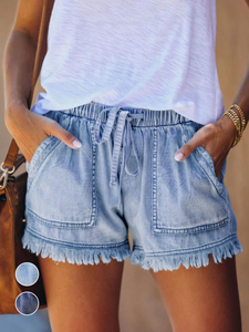 Fashion Summer Women's <b>Elastic</b> <b>Waist</b> Shorts Casual Short Pants Slim Solid Color Pocket Lady's <b>Jeans</b> Drawstring Short Pants - Product Image 1