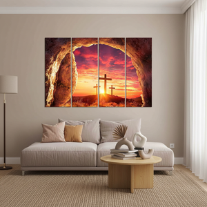 Paisaje con cruz cristiana y amanecer: obra de arte impresa en lienzo, diseño en vidrio templado, JUEGO DE 4 LIENZOS - Product Image 3