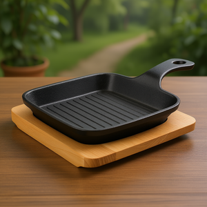 Mini griglia con base in legno, design quadrato in ghisa per grigliate all'interno - Product Image 3