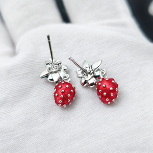 Pendientes de Plata de Ley 925 con Esmalte de Fresa y Flores, Pendientes Colgantes con Racimo de Flores de Fruta Dulce para Niñas, Pendientes de Primavera Verano - Product Image 3