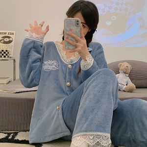 Pijama de Franela de Invierno para Mujer, con Ribete de Encaje, Camisón Largo, Conjunto de Pijama Térmico, Conjunto de Pijama de Punto Cálido para Mujer - Product Image 6