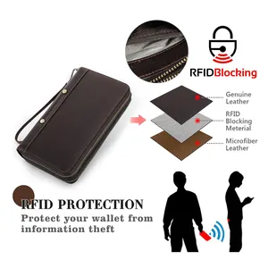 Versatile Double-Zip Around Full Grain Genuine Leather Travel Wristlet Rfid Card Phone Passport Holder Wallet For Men Coin Purse