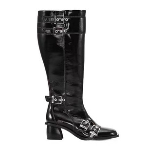 Botas de tacón bajo grueso estilo personalizado con cinturón y hebillas metálicas para mujer, botas vaqueras de punta cuadrada hasta la rodilla, botines largos de punta cuadrada - Product Image 5