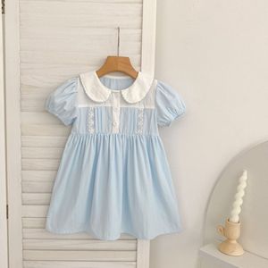 Abito da bambina da 1 a 6 anni, abito con colletto alla Peter Pan, abito a maniche corte in pizzo azzurro, abito in cotone, vestiti per compleanno per bambini - Product Image 3