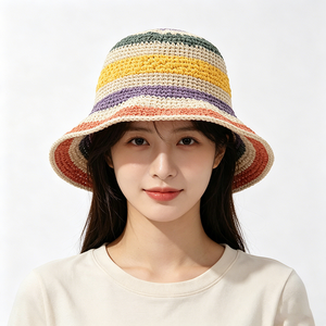 Sombrero de Sol de Ganchillo Hecho a Mano con Rayas de Arcoíris Coloridas, Unisex, Tejido Calado, Estilo Pescador, Protección UV, para Uso Diario al Aire Libre - Product Image 1