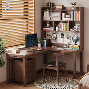 โต๊ะคอมพิวเตอร์เล่นเกมแบบมุมตัว L อเนกประสงค์ทนทานพร้อมชั้นวางหนังสือแบบมีตะเก็นไม้สำหรับบ้านสำนักงานโต๊ะเรียนไม้แข็งประหยัดพื้นที่ - Product Image 1