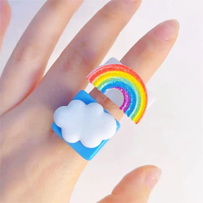 2021 New Cute Cartoon White Cloud Rainbow Resin Acrylic Rings For Women Girls Funny Children Finger Ring Summer Jewelry Gift