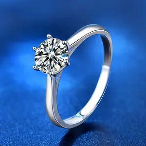1克拉的莫西桑特戒指白金镀银圆形切割接龙戒指为女性订婚承诺婚礼