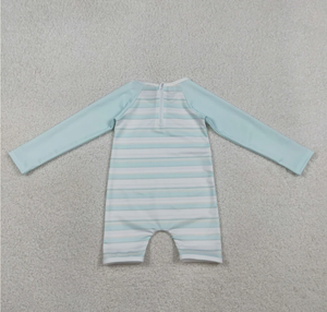 Ensemble de maillots de bain pour frères et sœurs, garçons et filles, bleu clair à rayures, haut à manches longues, short avec fermeture éclair au dos - Product Image 2