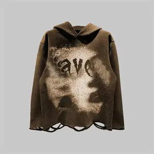 Individuelle Seide Streetwear Siebdruck Sweatshirt solide Pullover Übergröße Säure-Wäsche Reiß-Rohhem zugeschnitten Herren Hoodie