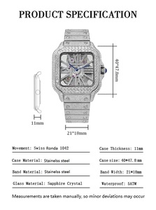 Montre de luxe carrée en moissanite VVS, mouvement suisse Ronda 1042, bracelet entièrement en acier inoxydable, verre saphir, étanche, squelette - Product Image 5