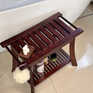 Tabouret de salle de bain en teck Ruoyi 60x30x45cm à double niveau avec étagère de rangement, siège de douche imperméable - Product Image 4